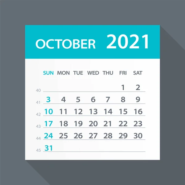 Octombrie 2021 Calendar Leaf Ilustrație Pagina Grafică Vectorială — Vector de stoc