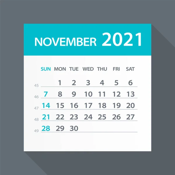Noiembrie 2021 Calendar Leaf Ilustrație Pagina Grafică Vectorială — Vector de stoc