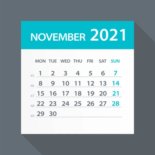 Noiembrie 2021 Calendar Leaf Ilustrație Pagina Grafică Vectorială — Vector de stoc