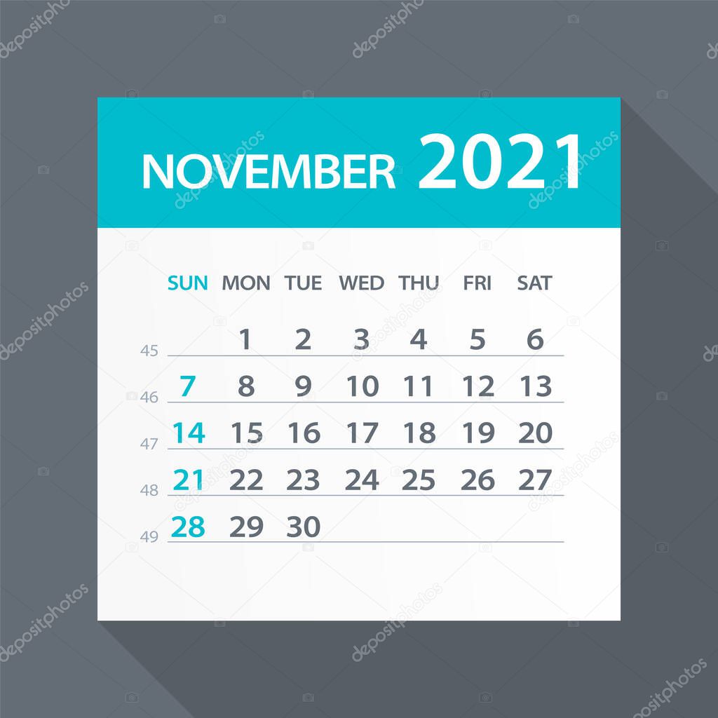 November 2021 Calendar Leaf - Illustration. Vector graphic page