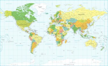 Dünya Haritası Siyasi - Vektör İllüstrasyonu - Katmanlar