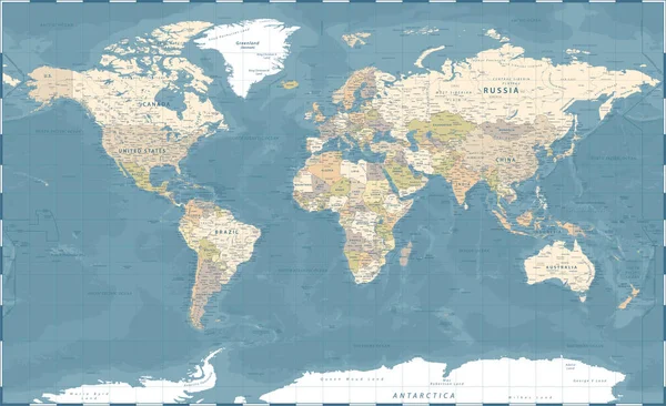 Παγκόσμιος Χάρτης Vintage Dark Political Vector Illustration Layers — Διανυσματικό Αρχείο