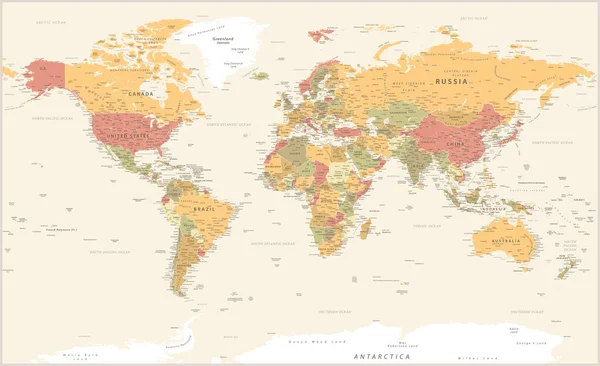 World Map Vintage Political Vector Illustration Layers - Stok Vektor