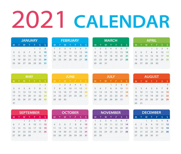2021 Takviminin Renk Şablonu Pazartesiden Pazara — Stok Vektör