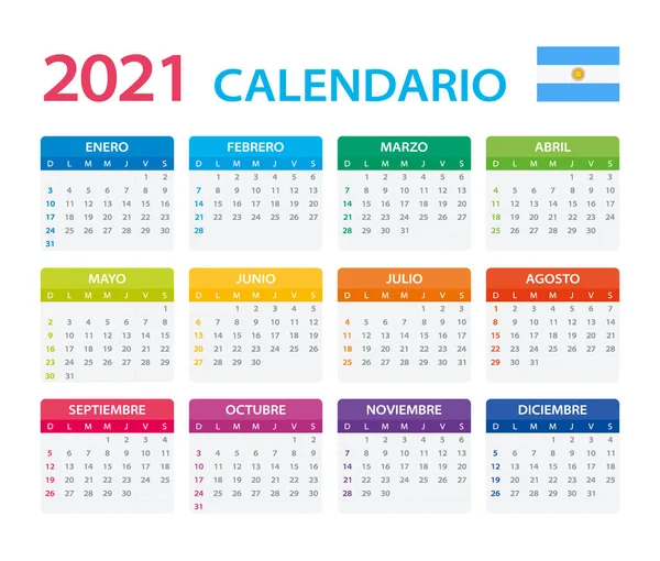 Vektorová Šablona Barevného Kalendáře 2021 Argentinská Verze — Stockový vektor