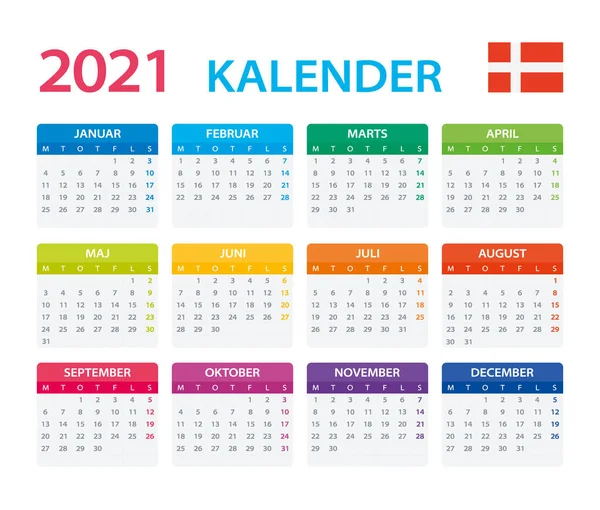 Vektorová Šablona Barevného Kalendáře 2021 Dánská Verze — Stockový vektor