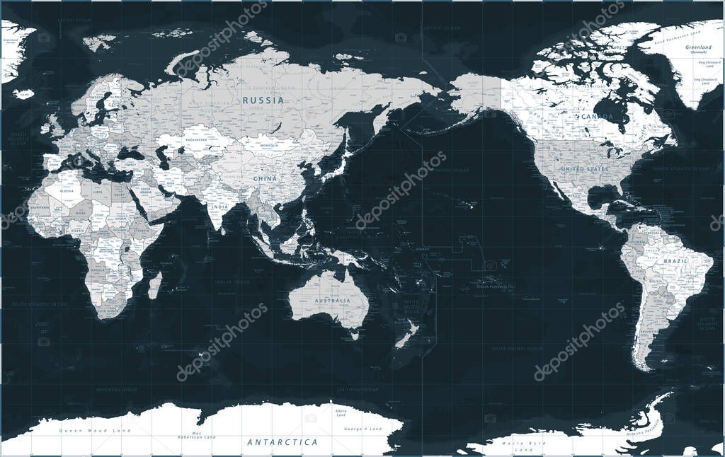 World Map - Pacific View - Asia China Center - Dark Black Grayscale Political - Vector Detailed