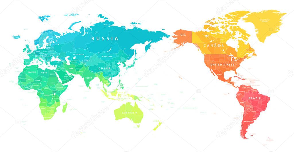 World Map Color Bright Political - Asia China Center - Vector Detailed