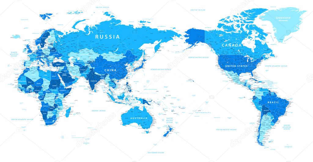 World Map - Pacific China Asia Centered View - Blue Color Political - Vector Layered Detailed