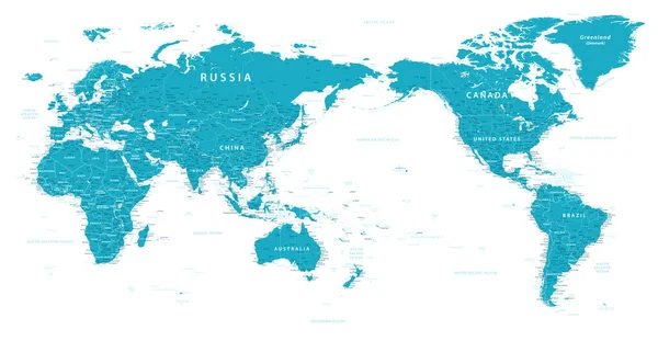 World Map Pacific China Asia Centered View Blue Green Color — 스톡 벡터