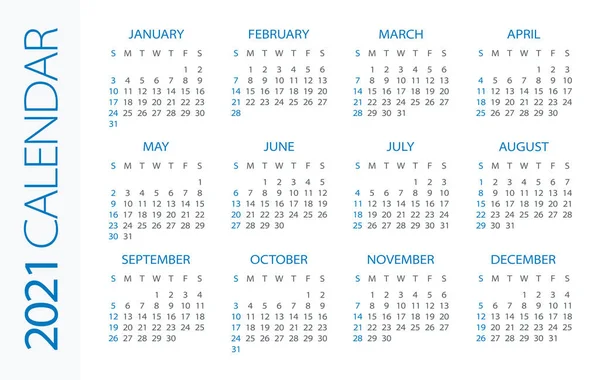 Kalendář 2021 Rok Horizontální Vektorová Ilustrace Týden Začíná Neděli — Stockový vektor