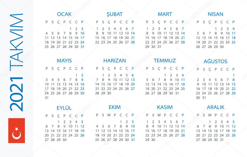 Calendar 2021 Year Horizontal Vector Illustration Turkish Version 371622828 Larastock