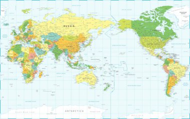Dünya Haritası - Pasifik Görünümü - Asya Çin Merkezi - Siyasi Topografi - Katmanlar - Vektör Ayrıntılı