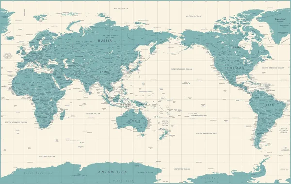 世界地图 太平洋中国亚洲观 老式政治地形图 病媒明细 — 图库矢量图片