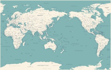 Dünya Haritası - Pasifik Çin Asya Görünümü - Klasik Siyasi Topografi - Vektör Detaylı