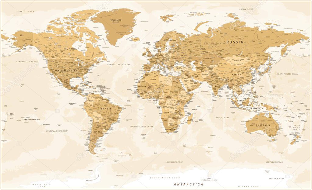 World Map - Golden Vintage Political Topographic - Vector Detailed Layered