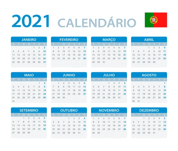 Vektorová Šablona Barevného Kalendáře 2021 Portugalská Verze — Stockový vektor
