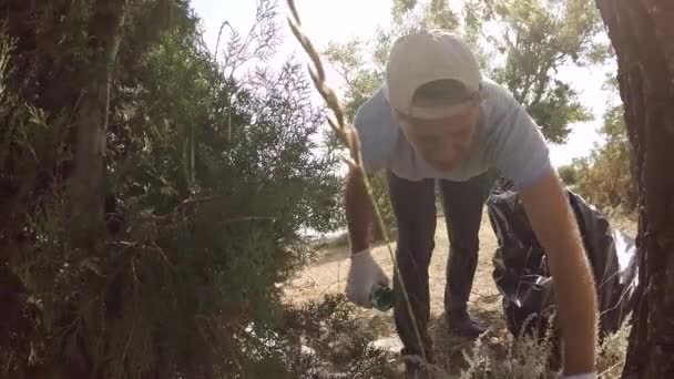 Voluntario elimina los escombros en el bosque, cámara lenta — Vídeos de Stock