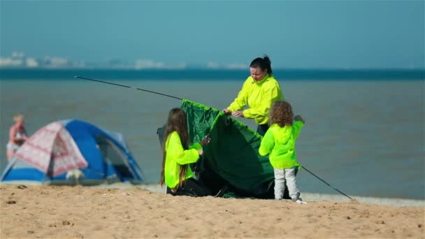 Problems with the installation of tents on the beach. — ストック動画