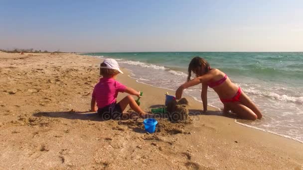 Due bambini che costruiscono il castello di sabbia sulla spiaggia — Video Stock