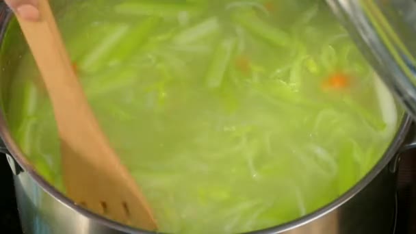 Suppe mit Kräutern im Topf umrühren — Stockvideo