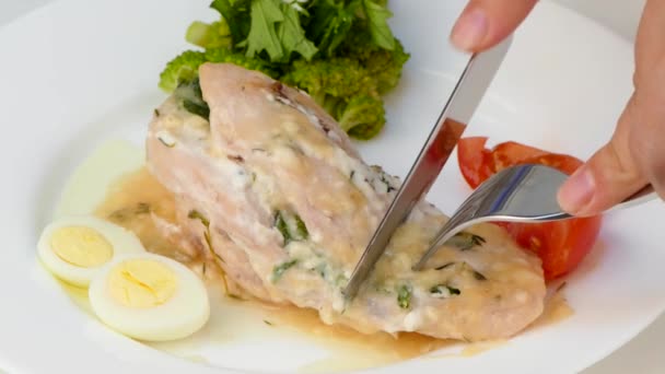 Kızarmış tavuk fileto dilimler halinde doğrayın — Stok video