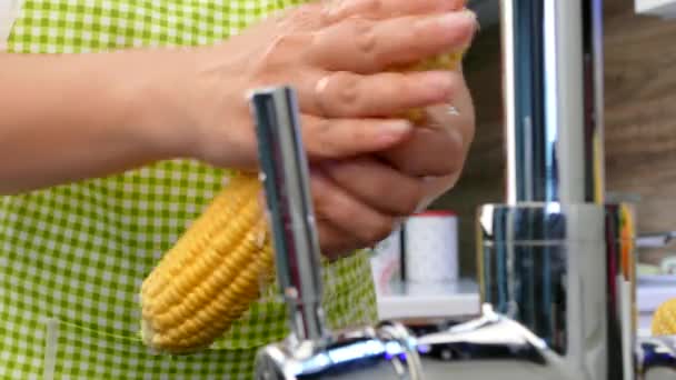 Las manos lavan el maíz bajo el grifo — Vídeos de Stock