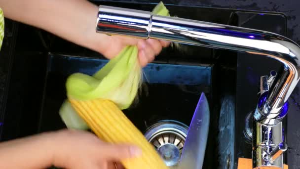 Pelar el maíz de las hojas — Vídeos de Stock