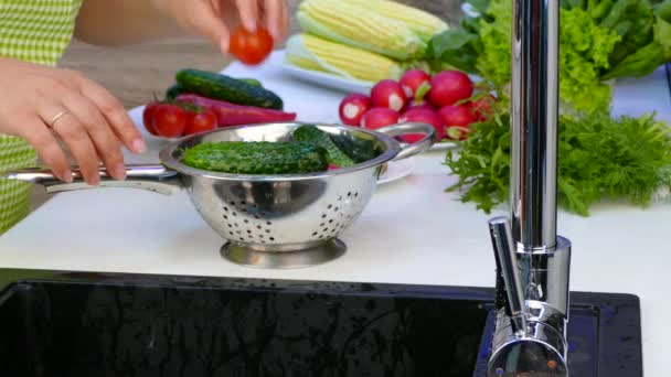 Lavar las verduras bajo el grifo — Vídeo de stock