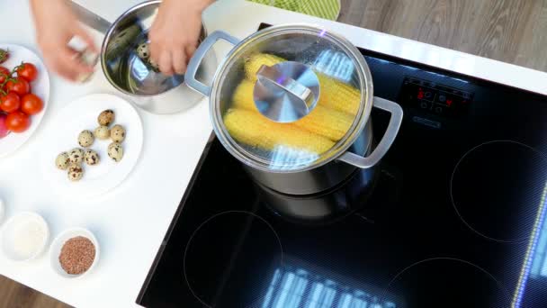 Положи перепелиные яйца в воду и поставь на плиту. — стоковое видео