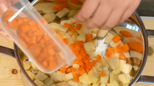 In einem Topf mit Kartoffeln die Karotten und die Brühe hinzufügen — Stockvideo