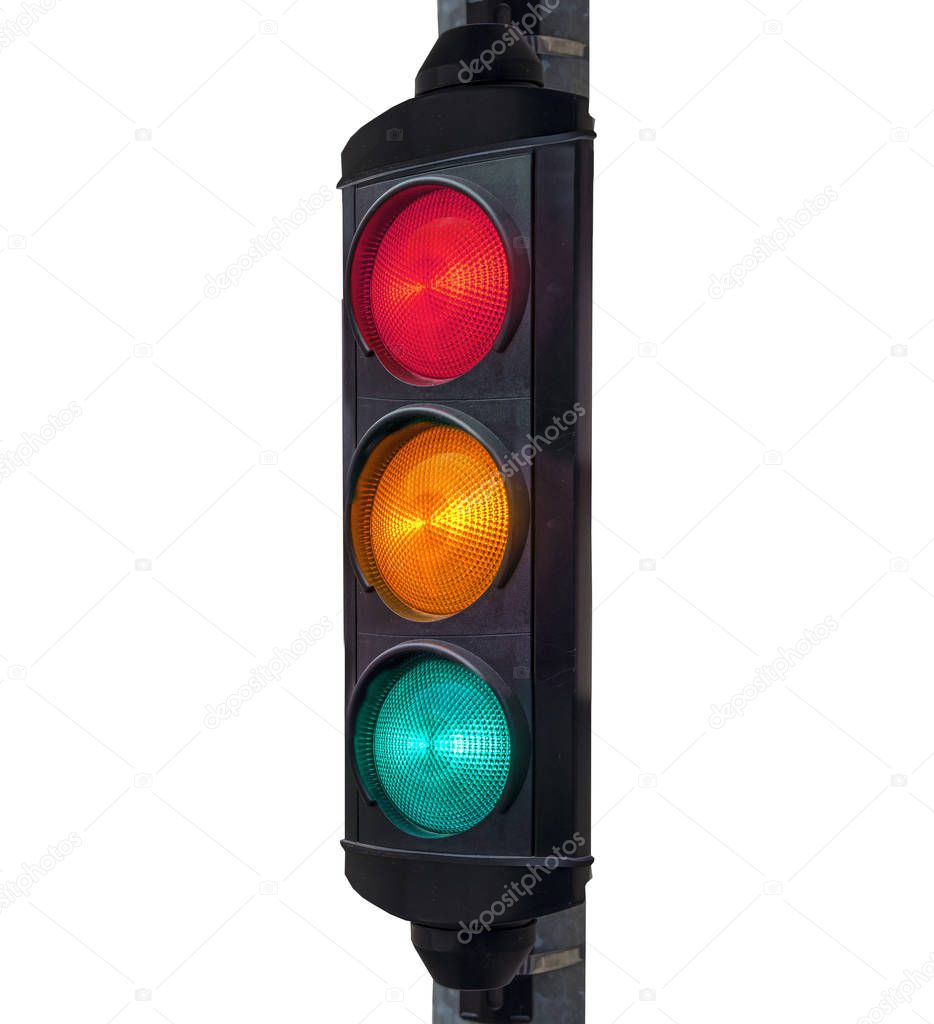 Green, Yellow and Red traffic light isolated on white