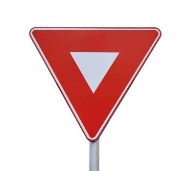 Kırmızı üçgen yol trafik koordinasyon işaret izole çubuk üzerinde