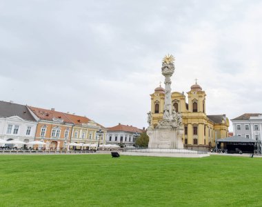 Sendika kare ve Roma Katolik piskoposluk Kilisesi Kutsal Trinity heykelinin Timisoara, Romanya - 15 Ekim, 2016 detay