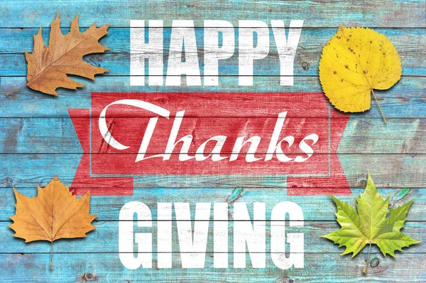 Happy thanksgiving på blå trä bakgrund — Stockfoto