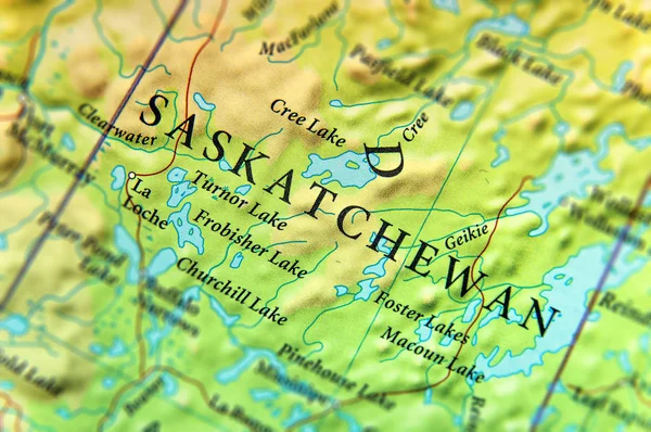 Geographische Karte des kanadischen Bundesstaates Saskatchewan mit wichtigen Städten — Stockfoto