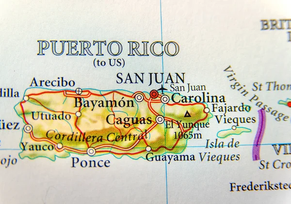 Geographic map of Puerto Rico with capital San Juan, a United States territory in the northeastern Caribbean, with important cities