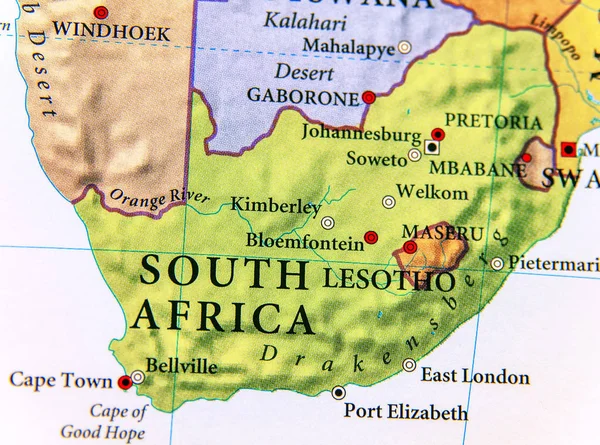 Geographic map of South Africa with important cities