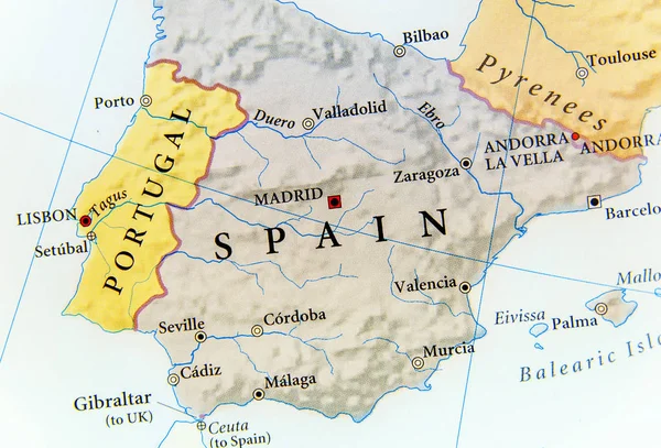 Γεωγραφικός χάρτης της Ισπανίας με σημαντικές πόλεις — Φωτογραφία Αρχείου