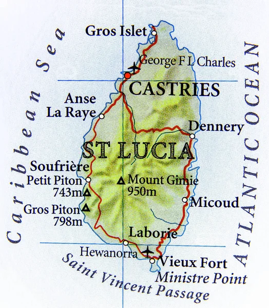 Geograficzne mapy kraju St Lucia Islandii z ważnych miast — Zdjęcie stockowe