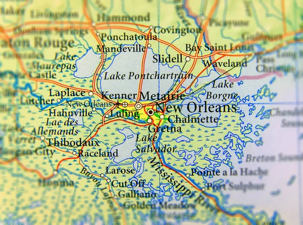 Geografická mapa nás stát Louisiana a New Orleans město blízko — Stock fotografie