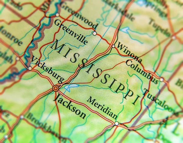 Geografiska karta över oss påstå Mississippi med viktiga städer — Stockfoto