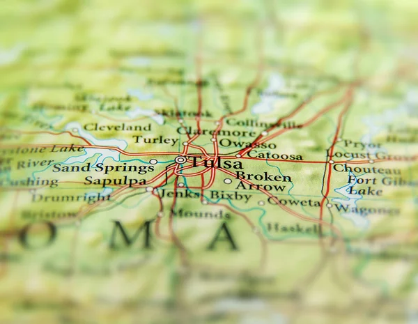 Geographic map of US state Oklahoma and Tulsa city close