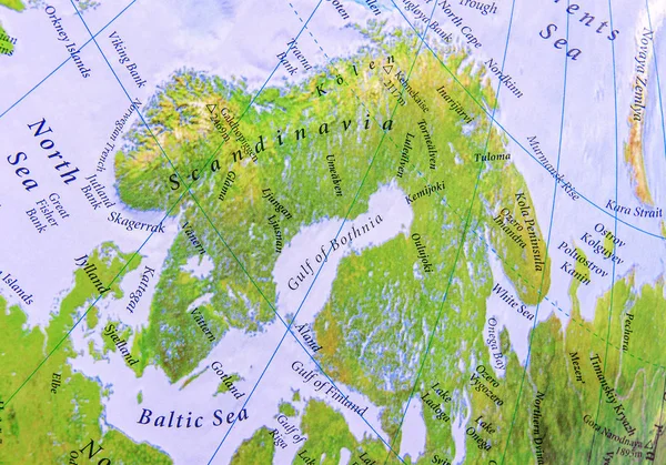 Zamknij część mapy geograficzne Europy Skandynawii — Zdjęcie stockowe
