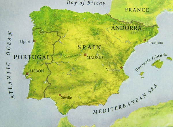 Geograficzna Mapa europejskiego kraju Portugalia i Hiszpania z wa — Zdjęcie stockowe