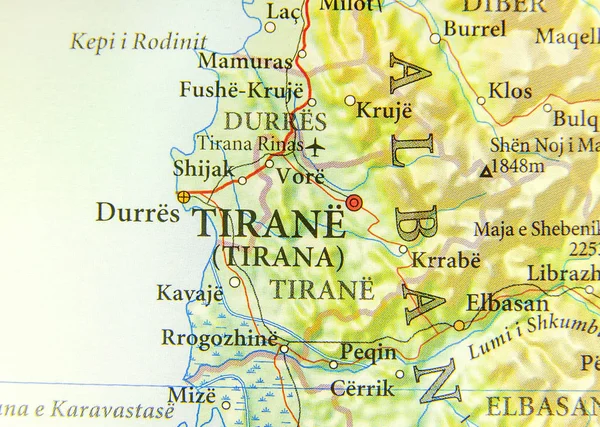 Geograficzne mapy kraju Europejskiego Albanii z miasta Tirana — Zdjęcie stockowe