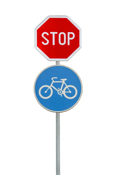 Sinal de estrada para uma faixa de bicicleta e sinal de parada isolado no branco — Fotografia de Stock