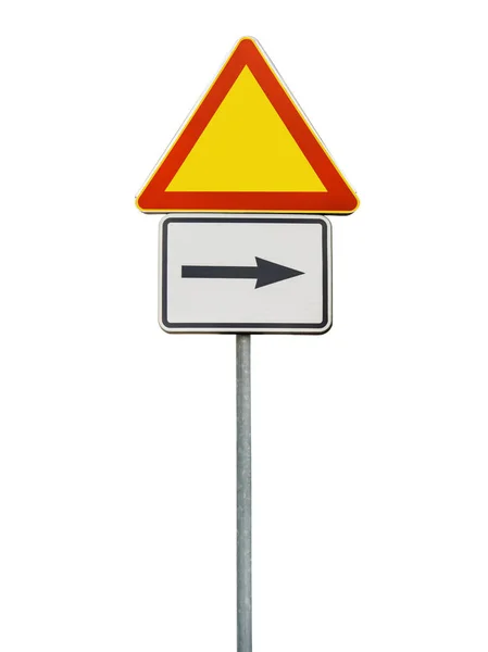 Road sign for right arow and red triangle sign isolated on rod — Stock Photo, Image