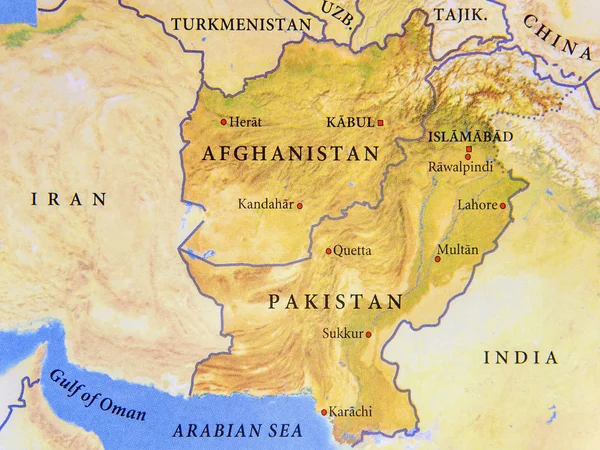 Geographic map of Afghanistan and Pakistan with important cities