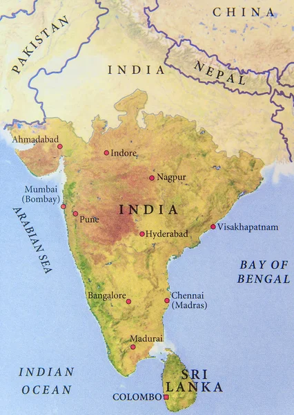 Mapa geográfico da Índia com cidades importantes — Fotografia de Stock